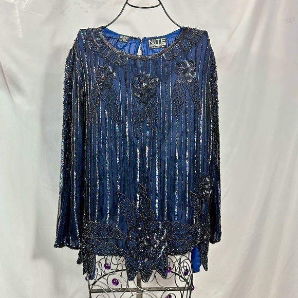 Vintage Nite Waves by Samir Suri Ince navy sequin blouse size L - Picture 1 of 7